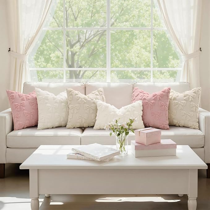 decorUhome Pink Bow Pillow Covers Set of 2 Coquette Aesthetic Cute Preppy Plush Faux Pillowcases for Girly Bedroom or Couch 16x16 Inch