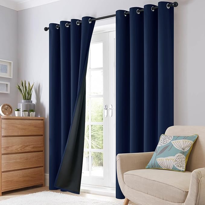 SimpleHome 100% Blackout Curtains for Bedroom,Thermal Insulated Grommet Window Drapes Room Darkening Navy Blue Curtains for Living Room with Black Back,52 x 63 Inch,2 Panels