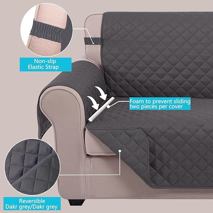 U-NICE HOME Recliner Chair Covers Reversible Quilted Water Repellent Pet Protectors with Elastic Straps (23''Recliner Small, Dark Grey/Dark Grey)