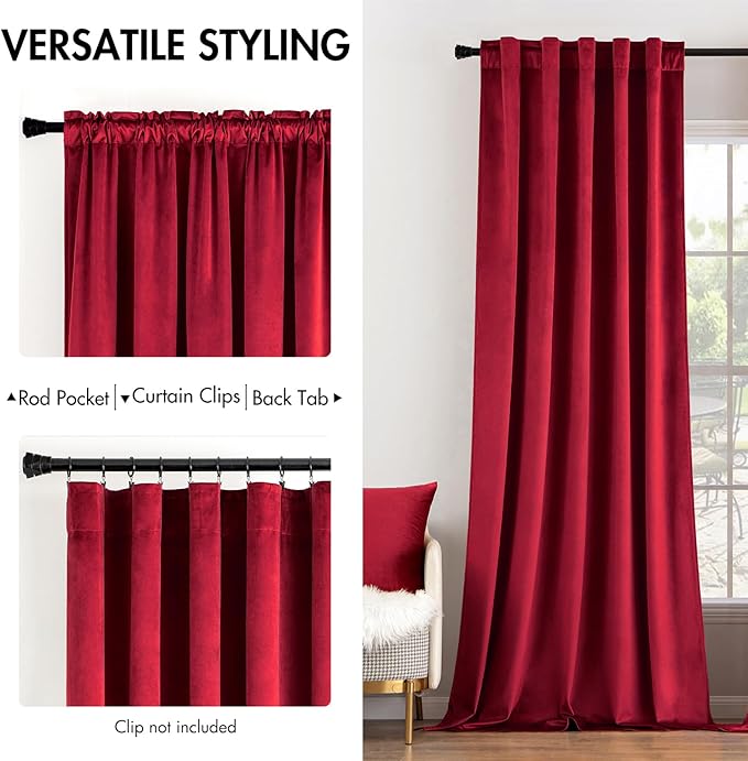 MIULEE Velvet Curtains 96 inches - Luxury Blackout Curtains for Bedroom Living Room Thermal Insulated Super Soft Window Drapes Rod Pocket & Back Tab Christmas Decor, Red, W52 x L96 inch, 2 Panels