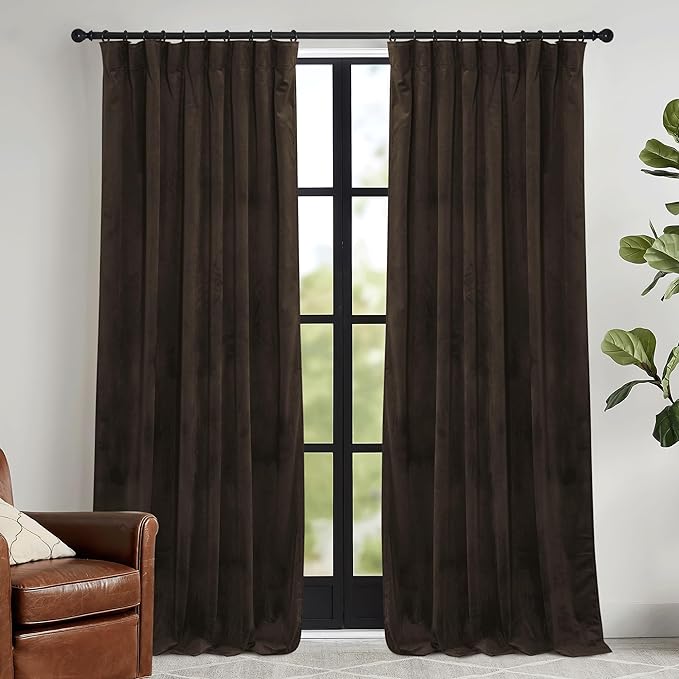 RYB HOME Brown Blackout Curtains 96 inches Long Velvet, Room Darkening Thermal Insulated Drapes with Hook Belt for Bedroom Home Theater, W 52 x L 96 inches, 2 Panels Set