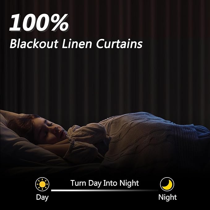 Guken 100% Blackout Linen Curtains 96 Inch Length 2 Panels Set for Living Room Bedroom Back Tab Thermal Insulated Black Out Drapes Room Darkening Farmhouse Style for Bedroom Window Curtains 52x96