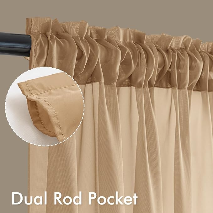 MIULEE Brown Sheer Curtains 63 Inches Long, 4 Panels Set, Rod Pocket Voile Drapes Light Filtering and Semi Transparent, Elegant Window Treatments for Bedroom Living Room,42 x 63 Inches