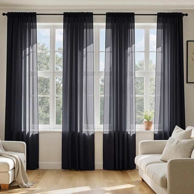 MIULEE Black Sheer Curtains 90 Inches Long, 4 Panels Set, Light Filtering Halloween Rod Pocket Voile Drapes for Living Room and Bedroom, Airy Soft Fabric Window Treatments, 54 x 90 Inches