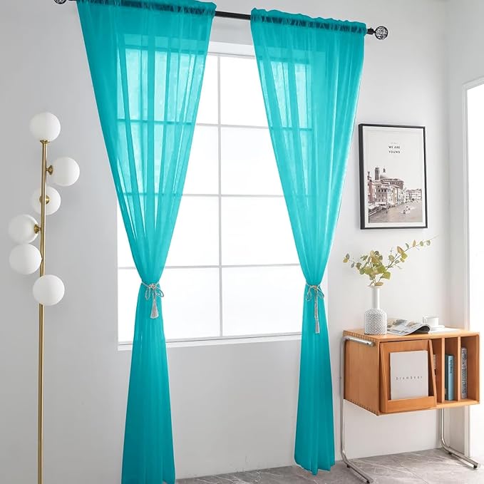 SpaceDresser Sheer Voile Window Treatment Rod Pocket Curtain Panels for Kitchen Bedroom Living Room Drapes Sunlight Filtering Privacy Semi Home Decor Assorted (Peacock Blue, 52 W x 90 L)