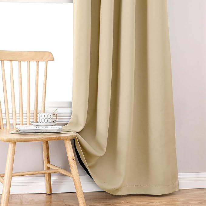 ChrisDowa 100% Blackout Curtains for Bedroom with Black Liner, 2 Thick Layers Total Blackout Thermal Insulated Grommet Window Curtains 2 Panels Set (Beige, 42 x 84 Inch)