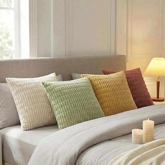 Fancy Homi 4 Packs Boho Fall Euro Decorative Throw Pillow Covers 26x26 Inch for Living Room Couch Bed, Rustic Farmhouse Home Decor, Soft Plush Striped Corduroy Square Colorful Cushion Case 66x66 cm