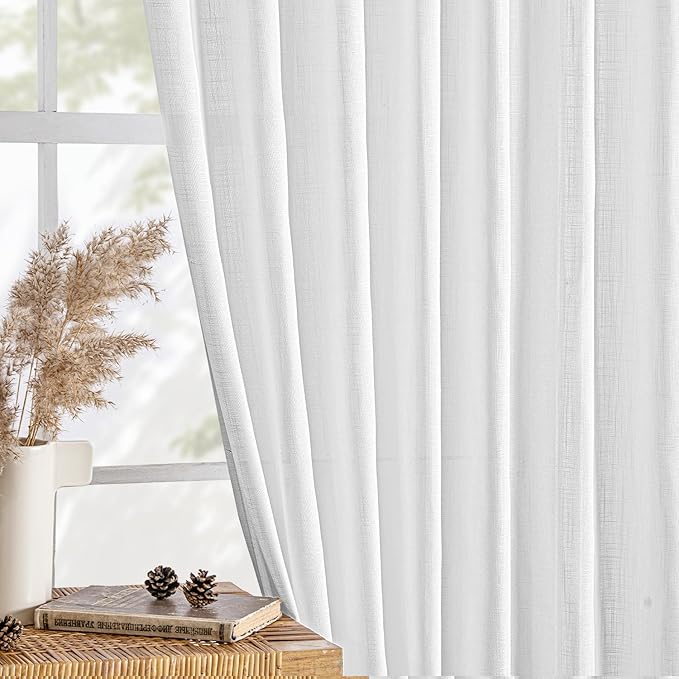 MIULEE White Linen Curtains 120 Inches Long 2 Panels for Bedroom Living Room, Soft Thick Linen Textured Back Tab Window Drapes Semi Sheer Light Filtering Rod Pocket Modern Farmhouse Decor
