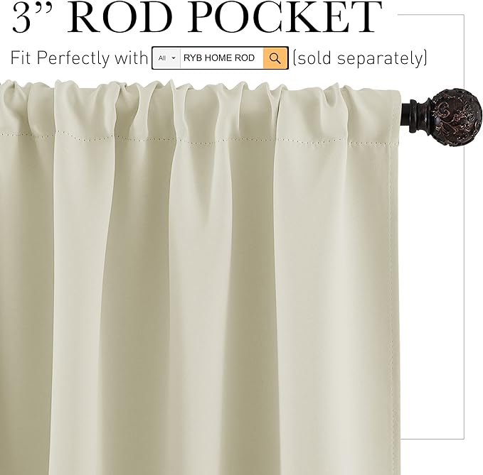 RYB HOME Half Curtain Tiers 36 inch Length, Rod Pocket Summer Heat Blocking Thermal Insulated Short Curtains for Small Window, Width 34 by Length 36, Beige, 2 Panels