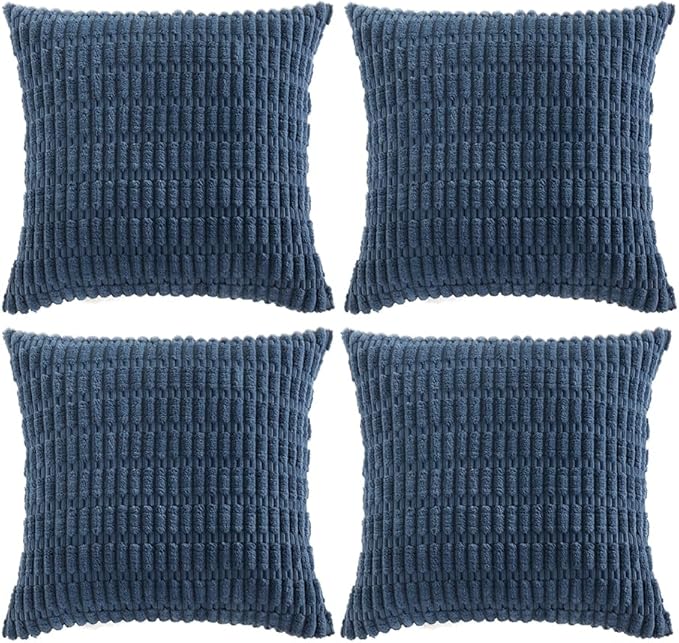 Fancy Homi 4 Packs Dusty Blue Decorative Throw Pillow Covers 20x20 Inch for Living Room Couch Bed Sofa, Rustic Farmhouse Boho Home Decor, Soft Plush Striped Corduroy Square Cushion Case 50x50 cm