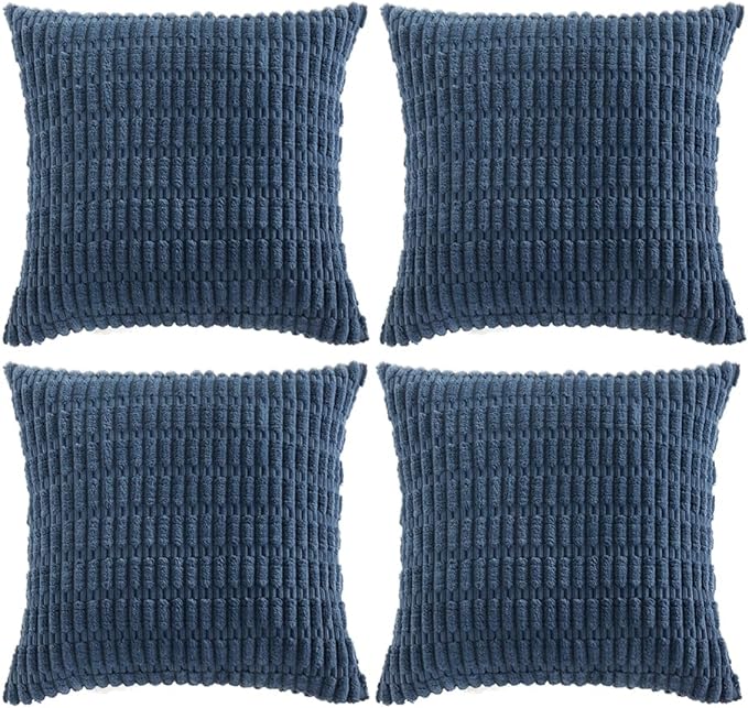 Fancy Homi 4 Packs Dusty Blue Decorative Throw Pillow Covers 22x22 Inch for Living Room Couch Bed Sofa, Rustic Farmhouse Boho Home Decor, Soft Plush Striped Corduroy Square Cushion Case 55x55 cm
