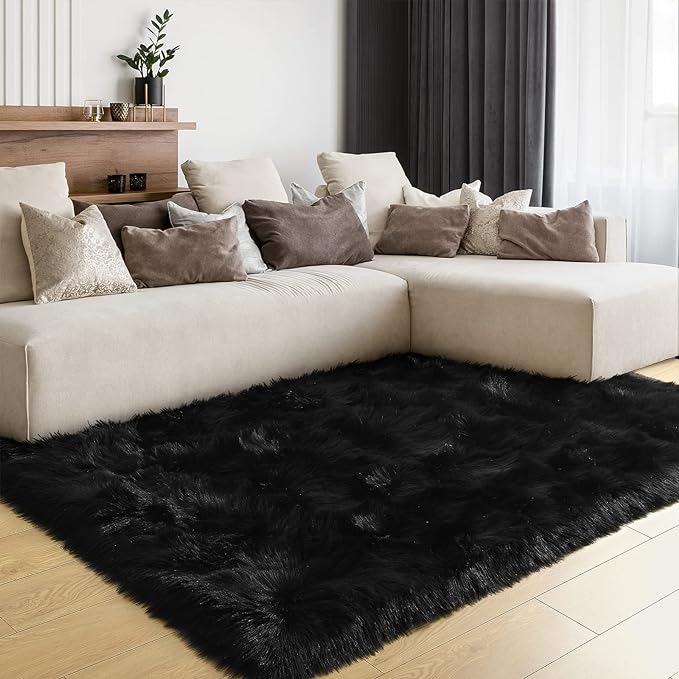 LOCHAS Soft Fluffy Faux Fur Rugs for Bedroom Bedside Rug 3x5 Feet, Washable, Furry Sheepskin Area Rug for Living Room Girls Room, Luxury Shag Carpet Home Decor, Black