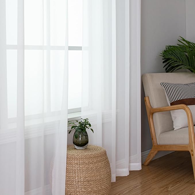 Simplebrand Sheer White Curtains 96 Inches Long, Light Filtering Rod Pocket Solid Color Window Sheer Curtain Panels, Elegant Curtains & Drapes for Living Room, Bedroom 2 Panels (White, 59" W x 96" L)