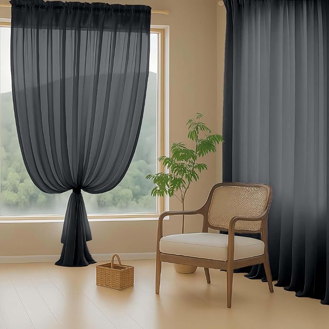 Halloween Black Sheer Curtains for Window 96 Inches Long 2 Panels Set, Soft Airy Light Filtering Voile Sheer Curtains for Living Room Bedroom, Dual Rod Pocket Window Drapes, 2x42Wx96L Inches