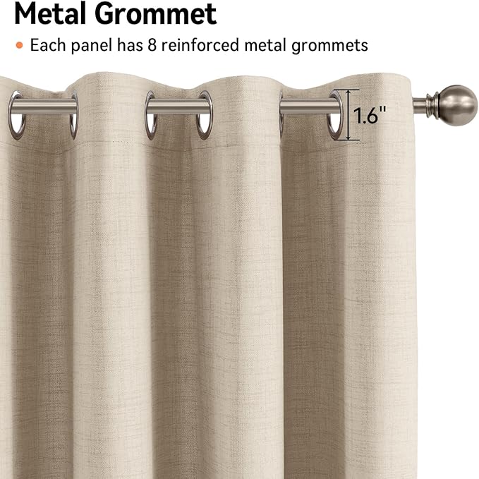 100% Blackout Shield Linen Blackout Curtains for Bedroom, Natural Flax Grommet Curtains for Living Room, Thermal Insulated Room Darkening Drapes for Nursery, Boho Home Decor, 50" W x 84" L, 2 Panels