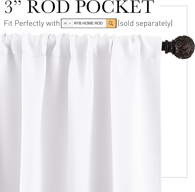 RYB HOME Short Curtains for Bedroom, Room Darkening Insulated Summer Heat Light UV Blocking Energy Saving Drapes for Nursery, Width 34 by Length 45, Pure White, Set of 2