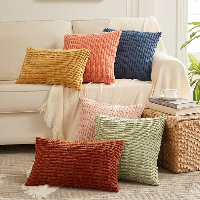 Fancy Homi 4 Packs Mustard Yellow Decorative Throw Pillow Covers 12x24 Inch for Living Room Couch Bed Sofa, Rustic Farmhouse Boho Home Decor, Soft Plush Striped Corduroy Square Cushion Case 30x60 cm