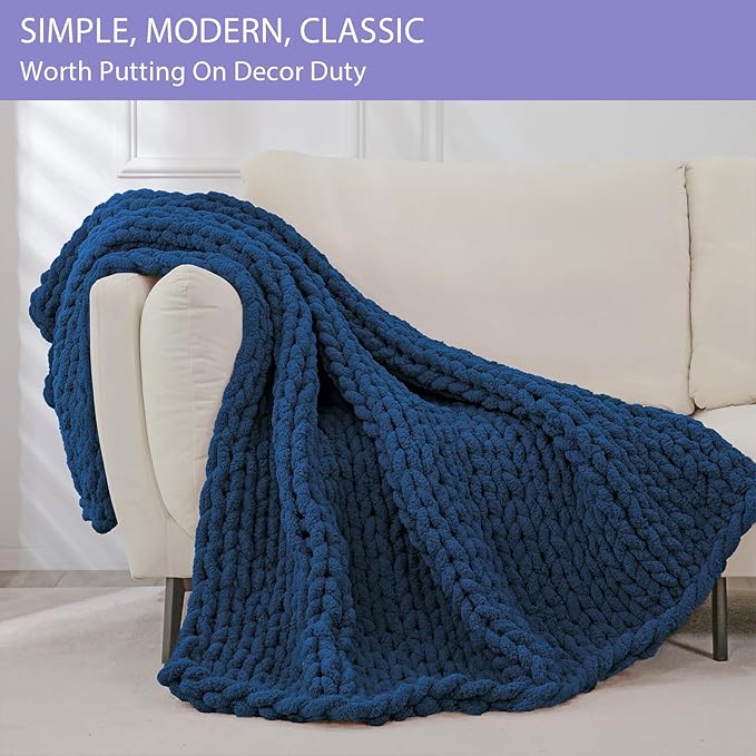 Bigacogo Chunky Knit Throw Blanket for Couch, 40x40 inches, 100% Hand Knitted with Thick Jumbo Chenille Yarn, Cozy Soft Large Rope Knot Cable Crochet Blankets for Sofa Bed Living Room, Navy Blue