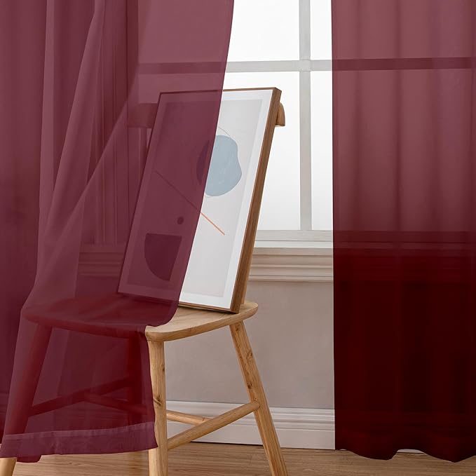 Simplebrand Burgundy Red Sheer Curtains 84 Inches Long, Light Filtering Rod Pocket Solid Color Window Sheer Curtain Panels, Elegant Curtains & Drapes for Living Room, Bedroom 2 Panels, 59" W x 84" L