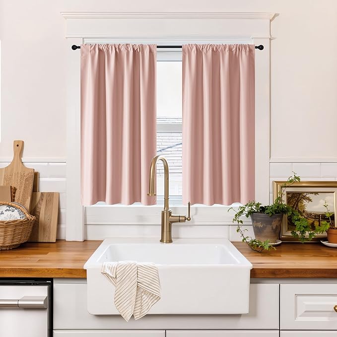 RYB HOME 100% Blackout Short Curtains for Small Window, Thermal Insulated Total Room Darkening Noise Reducing Curtains for Kitchen Bathroom Basement, 34 inches Wide by 48 inches Long, Peach Pink