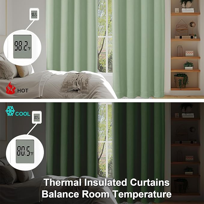 Simplebrand Ava Light Green Blackout Curtains for Bedroom 84 Inch Length 2 Panels Set, Solid Thermal Insulated Privacy Nursery Window Treatment Curtains Blackout Drapes, W40 x L84 Inch, Light Green