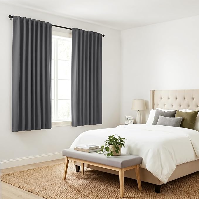 PONY DANCE Window Curtains 36 Inches - Short Valances Tiers Rod Pocket & Back Tab Curtain Panels Light Blocking for Kitchen Bathroom, W 42 x L 36 Inches, Grey, Set of 2