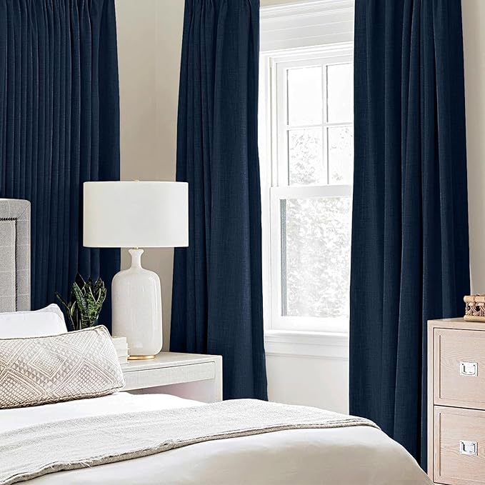 MIULEE 100% Blackout Linen Textured Curtains for Bedroom Solid Thermal Insulated Midnight Blue Grommet Room Darkening Curtains & Drapes Luxury Decor for Living Room Nursery 52 x 84 Inch (2 Panels)