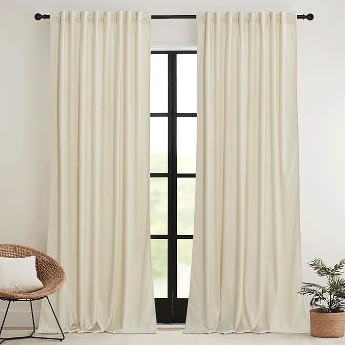 RYB HOME Beige Velvet Curtains 72 inches with Hook Belt, Soft Fabric Room Darkening Thermal Insulated Luxurious Home Decor Curtains for Living Room Bedroom, W 52" x L 72", 2 Panels Set