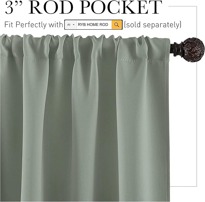 RYB HOME Blackout Curtains for Bedroom Living Room 72 inches Long, Thermal Insulated Privacy Rod Pocket Drapes for Nursery Office Home Theater, Width 42 by Length 72, Greyish Green, 2 Panels