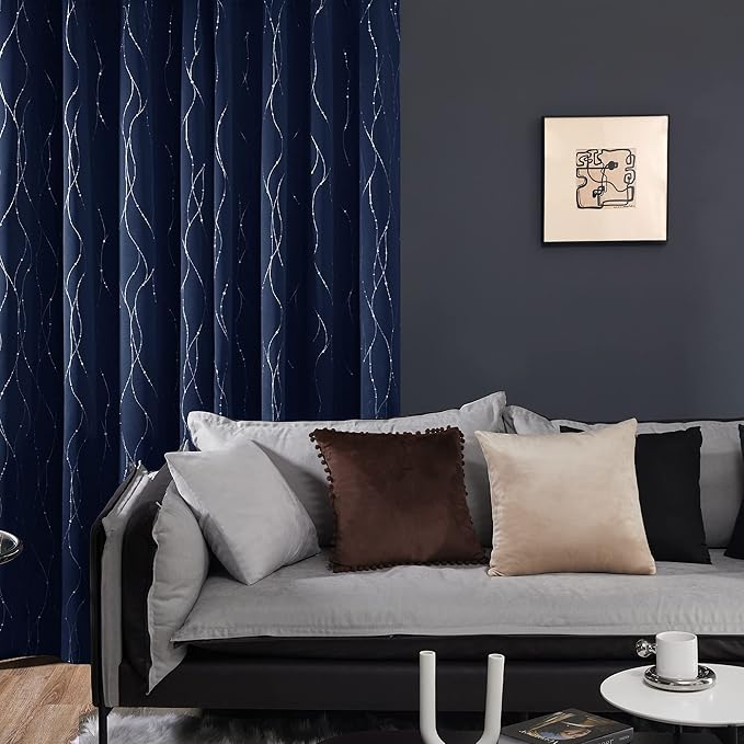 Deconovo Short Kitchen Curtains, Navy Blue Blakcout Curtain 42 x 45 Inch, Thermal Insulated Soundproof Drapes with Silver Wave Dots Prit, Grommet Top, Machine Washable for Nursery Bedroom Living Room