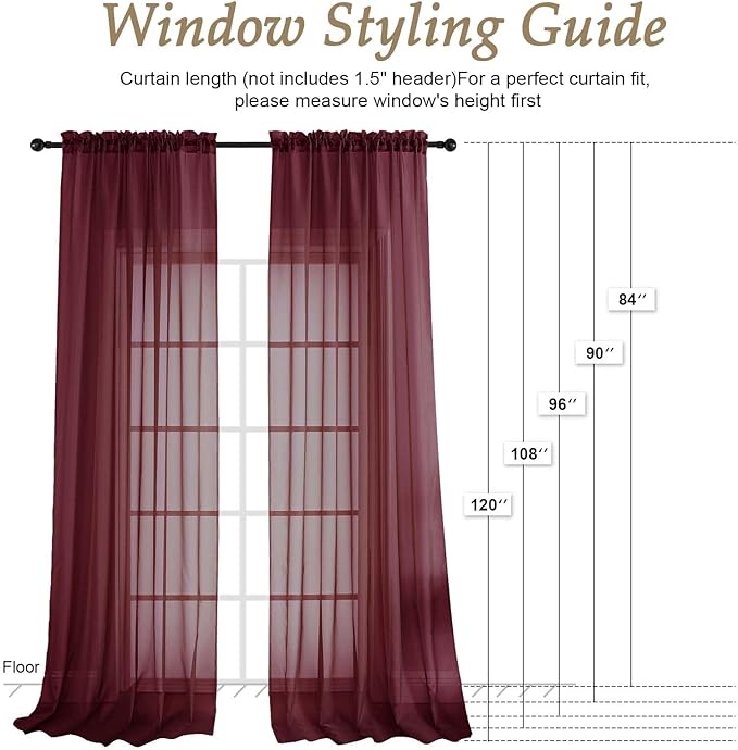 OVZME Burgundy Sheer Curtains 108 Inches Long 2 Panels Set, 59 Inch Extra Wide Lightweight Airy Burgundy Sheer Curtain for Living Room Bedroom, Filmy Voile Rod Pocket, 59Wx108L Inches