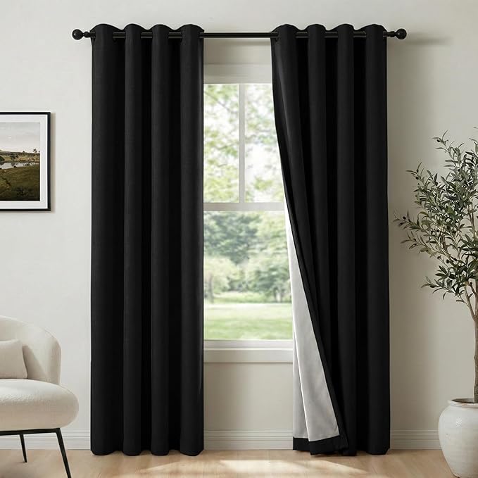 100% Blackout Shield Linen Blackout Curtains for Bedroom, Black Grommet Curtains for Living Room, Thermal Insulated Room Darkening Drapes for Nursery, Boho Home Decor, 50" W x 63" L, 2 Panels