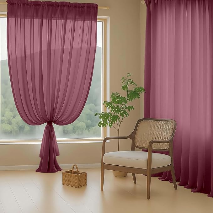 Burgundy Sheer Curtains for Windows 108 inches Long 2 Panels Set, Soft Lightweight Light Filtering Drapes for Living Room Bedroom, Dual Rod Pocket Sheer Curtains, 2x42Wx108L inches