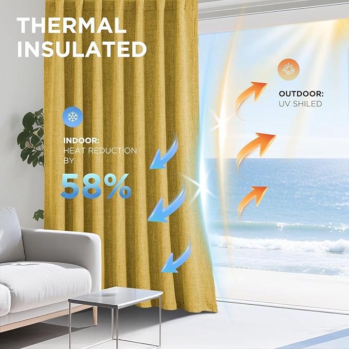 Joydeco Blackout Curtains for Bedroom - 100% Light Blocking 2 Panels Set Yellow Drapes 42" W x 96" L, Thermal Insulated Room Darkening Curtains, Linen Textured for Living Room, Rod Pocket & Back Tabs