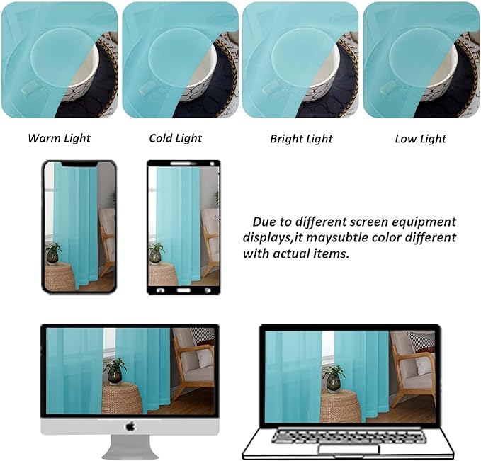 Chyhomenyc Sheer Curtains 36 inch Length 2 Panels Set, Light Filtering Voile Rod Pocket Short Window Curtians for Bathroom Living Room Farmhouse Small Windows, Each 42Wx36L in, 2PCS, Aqua
