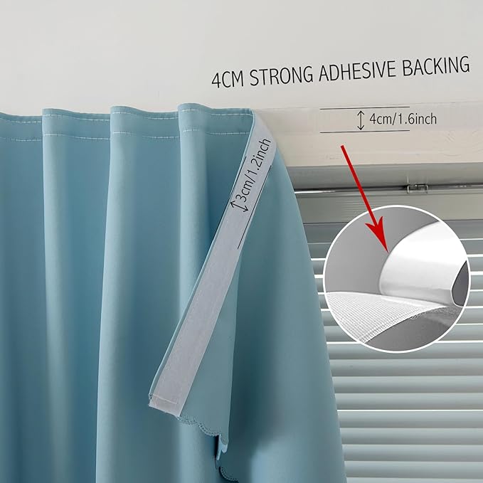 Self Adhesive Curtains, Black Out Shade for Window, Blackout Fabric Temporary Window Coverings Easy to Hang Curtains No Rod Needed, Use for Bedroom, Room, Kitchen, 59"W X 71"L, Lake Blue, 1 Panel