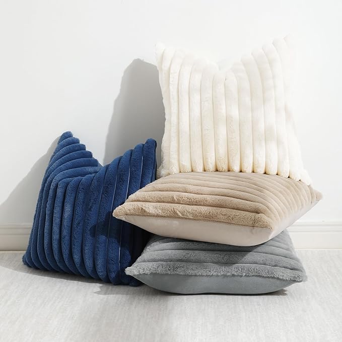 decorUhome Cozy Faux Fur Throw Pillow Covers 12x12 Set of 2 Decorative Soft Plush Striped Modern Farmhouse Boho Couch Pillow Cases with Velvet Back for Sofa Bed Living Room, Navy Blue