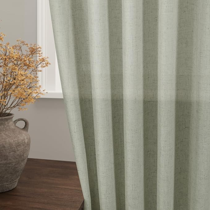 Nanspring Sage Green Curtains 144 Inches Long 2 Panels for Living Room Back Tab Rod Pocket Semi Sheer Linen Drapes Neutral Sage Decor Green Curtain Ceiling to Floor Length for Dining Room 52x144