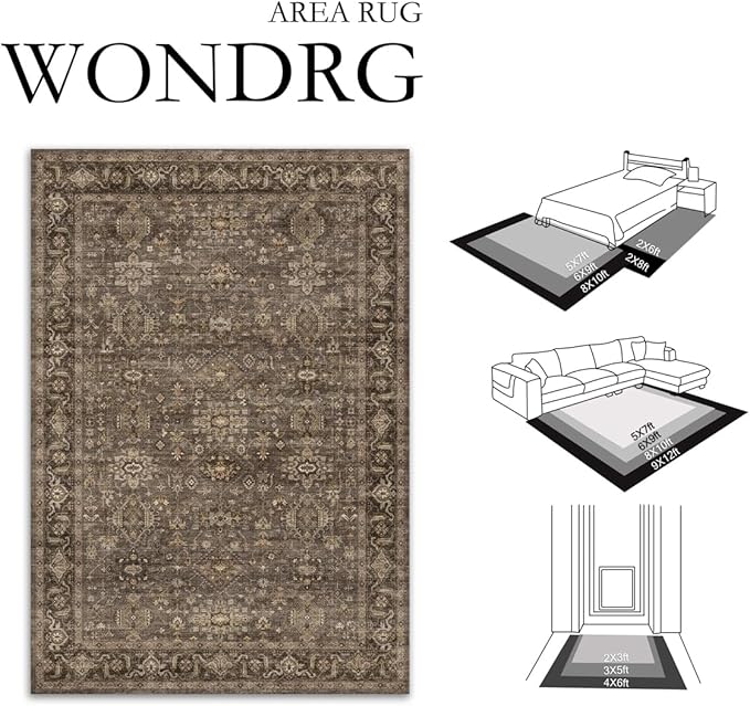 5x7 Washable Area Rug for Living Room Bedroom Vintage Brown Soft Low Pile Carpet Traditional Retro Non Slip Throw Rug for Dining Room Entryway Indoor Dorm Kitchen