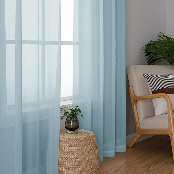 Chyhomenyc Sky Blue Sheer Curtains 54 Inch Long 2 Panels, Light Filtering Rod Pocket Voile Short Curtains Drapes for Living Room Bedroom Small Windows, 42Wx54L Inches