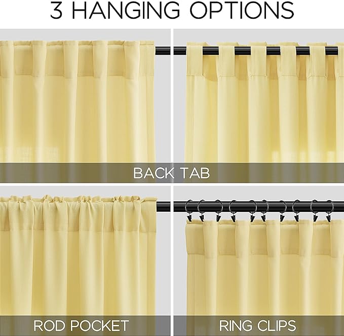 Nanspring Yellow Linen Semi Sheer Curtains 72 Inch Length for Living Room Back Tab Rod Pocket Modern Farmhouse Coastal Decor Cotton Textured Gauze Curtains 72 Inches Long for Dining Room Office 52x72