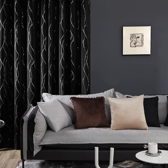 Deconovo Black Out Curtains for Living Room, 42 x 95 Inch Length 2 Panels Set, Thermal Insulated Soundproof Window Drapes with Silver Print, Grommet Machine Washable Panels for Bedroom Sliding Door