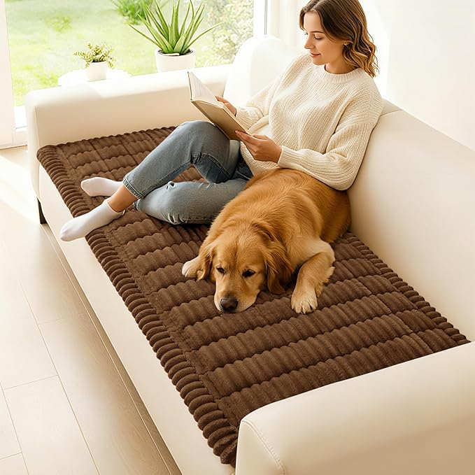 hyha Couch Covers for Dogs Washable, Non Slip Plush Dog Sofa Protectors, Fuzzy Pet Couch Covers for 3 Cushion Sofa Pet Friendly (Brown, 27.6" x 59")