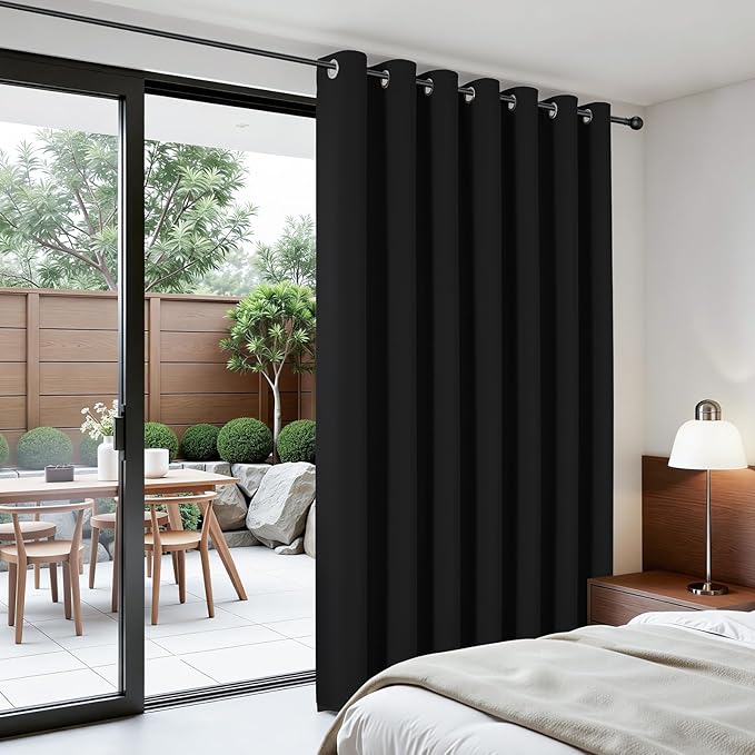 Joydeco Blackout Patio Sliding Door Curtains 84 Inches Long, Grommet Privacy Room Divider Curtains, Extra Wide Thermal Blackout Drapes for Bedroom Living Room (Black, 80Wx84L, 1 Panel)