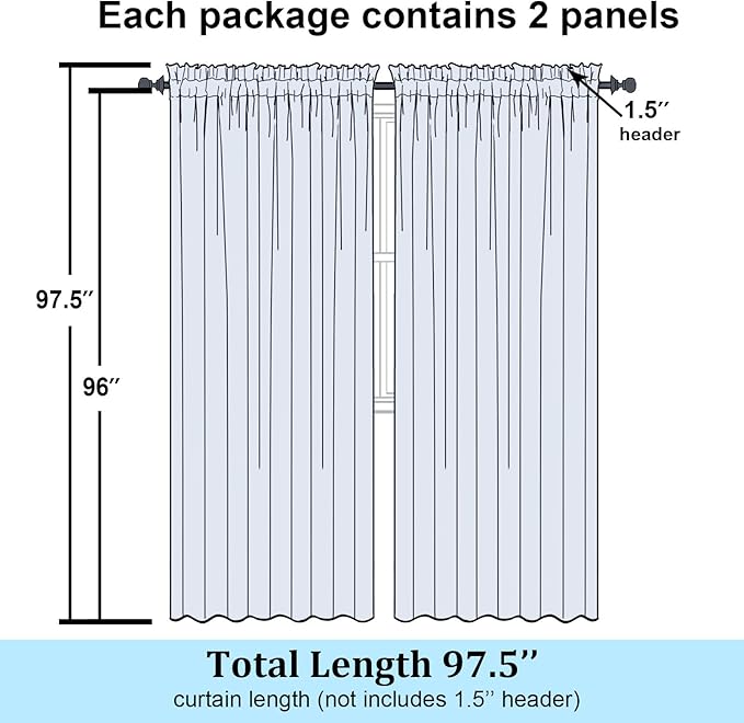 Simplebrand Black Sheer Curtains 96 Inches Long, Light Filtering Rod Pocket Solid Color Window Sheer Curtain Panels, Elegant Curtains & Drapes for Living Room, Bedroom 2 Panels (Black, 59" W x 96" L)