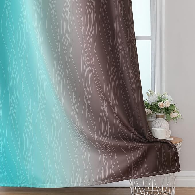 Estelar Textiler Brown and Teal Blackout Curtains 45 Inch Length, Light Blocking Gradient Drapes for Kitchen, Thermal Insulated Grommet Ombre Curtains for Bathroom,52Wx45L,2 Panels