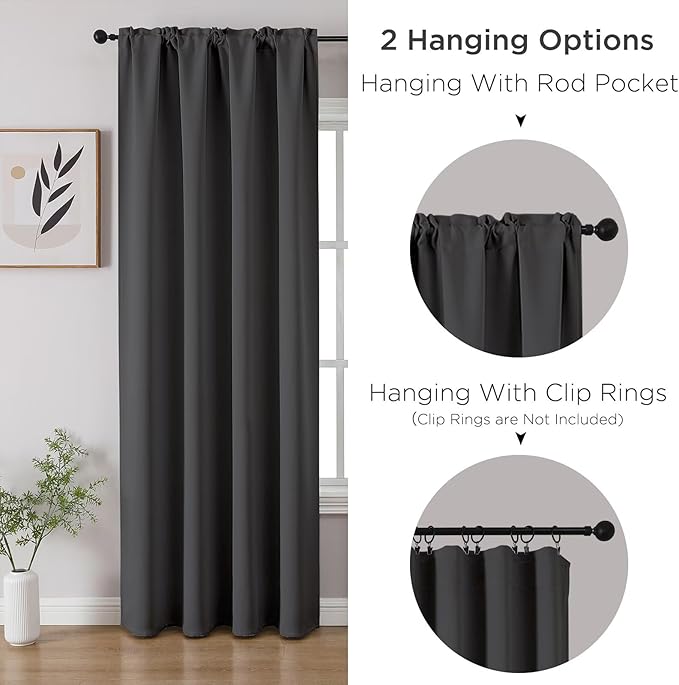 CUCRAF Dark Grey Blackout Curtains 90 inch Length 2 Panels Set, Rod Pocket Room Darkening Drapes for Bedroom Living Room, Insulated Thermal Light Blocking Window Curtain (W52 x L90 Inch)