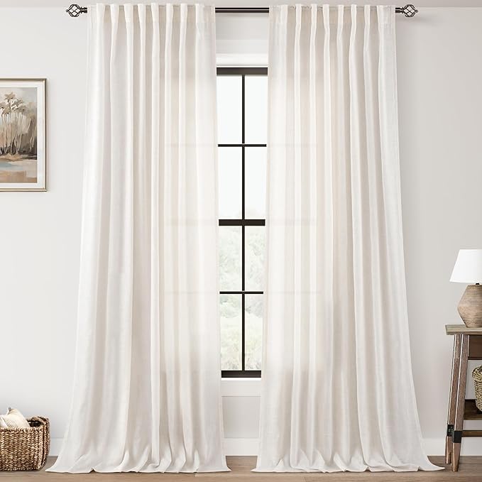 Cream Natural Linen Curtains 84 inch Length 2 Panels Set Neutral Rustic Farmhouse Living Room Drapes Back Tab Pleated Look Light Filtering Semi Sheer Curtains 84 inches Long Ivory Colored 60x84