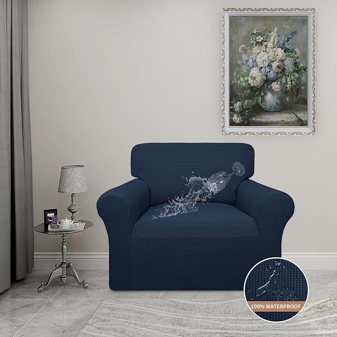 Easy-Going 100% Waterproof Chair Couch Cover, Dual Waterproof Sofa Cover, Stretch Jacquard Sofa Slipcover, Leakproof Furniture Protector for Kids, Pets, Dog and Cat (Chair, Dark Blue)