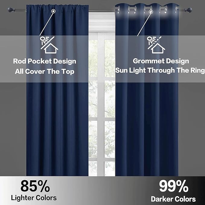 RYB HOME 54 inch Blackout Curtains for Living Room, Rod Pocket Thermal Insulated Small Window Drapes Room Darkening Shades for Bedroom Studio Dorm, W 42 x L 54 inch, Set of 2 Panels, Navy Blue